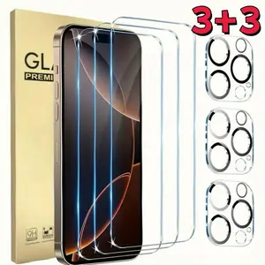 【6 Pieces 】3+3 Pieces for iPhone 12/13/14/15/16/17 Pro/Pro Max, Plus Models, Screen Protectors and Camera Lens Protectors, Durable & Scratch Resistant Design, 9H Hardness Upgraded Edge Protection Easy Installation No Bubbles