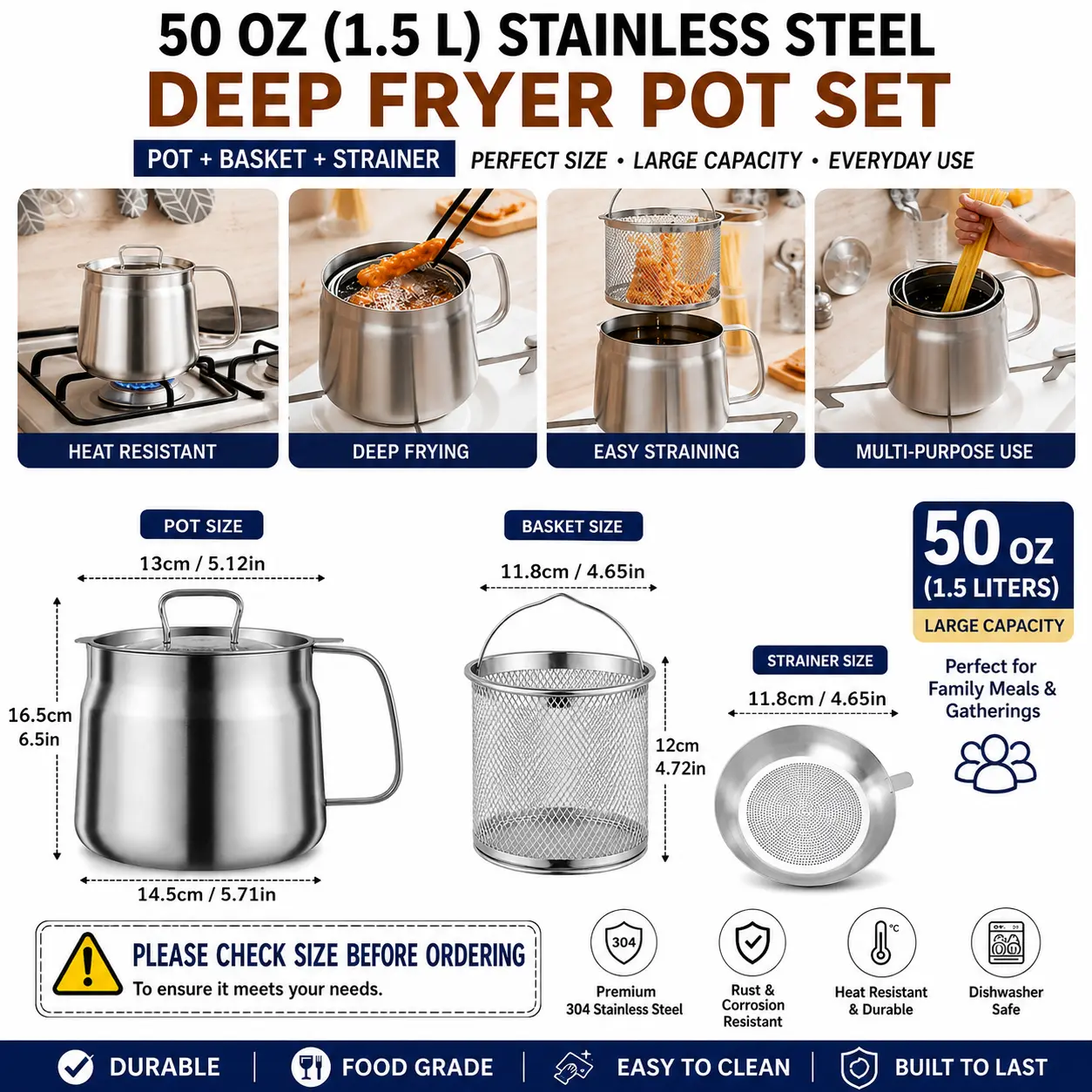 50oz 304 Stainless Steel Deep Fryer Pot with Basket, Oil Strainer & Grease Container - Single Handle Deep Saucepan Strainer Pot, Large Capacity Heat Resistant Kitchen Cookware for French Fries, Camping, Dishwasher Safe, Single Handle Pots, Deep Saucepan P