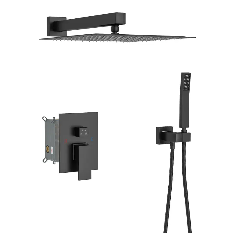 Dual Shower Head - 10 Inch Wall Mounted Square Shower System with Rough-in Valve,Matte black On-Site   RR