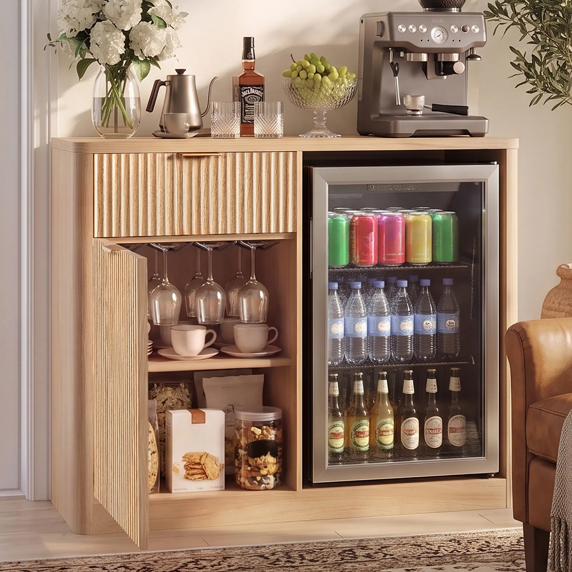 39.4" Coffee Bar Cabinet with Fridge Space, Mini Fridge Liquor Cabinet with Wine Storage & Charging Station, Fluted Buffet Sideboard with Glass Holder for Living Room Kitchen, Natural Oak