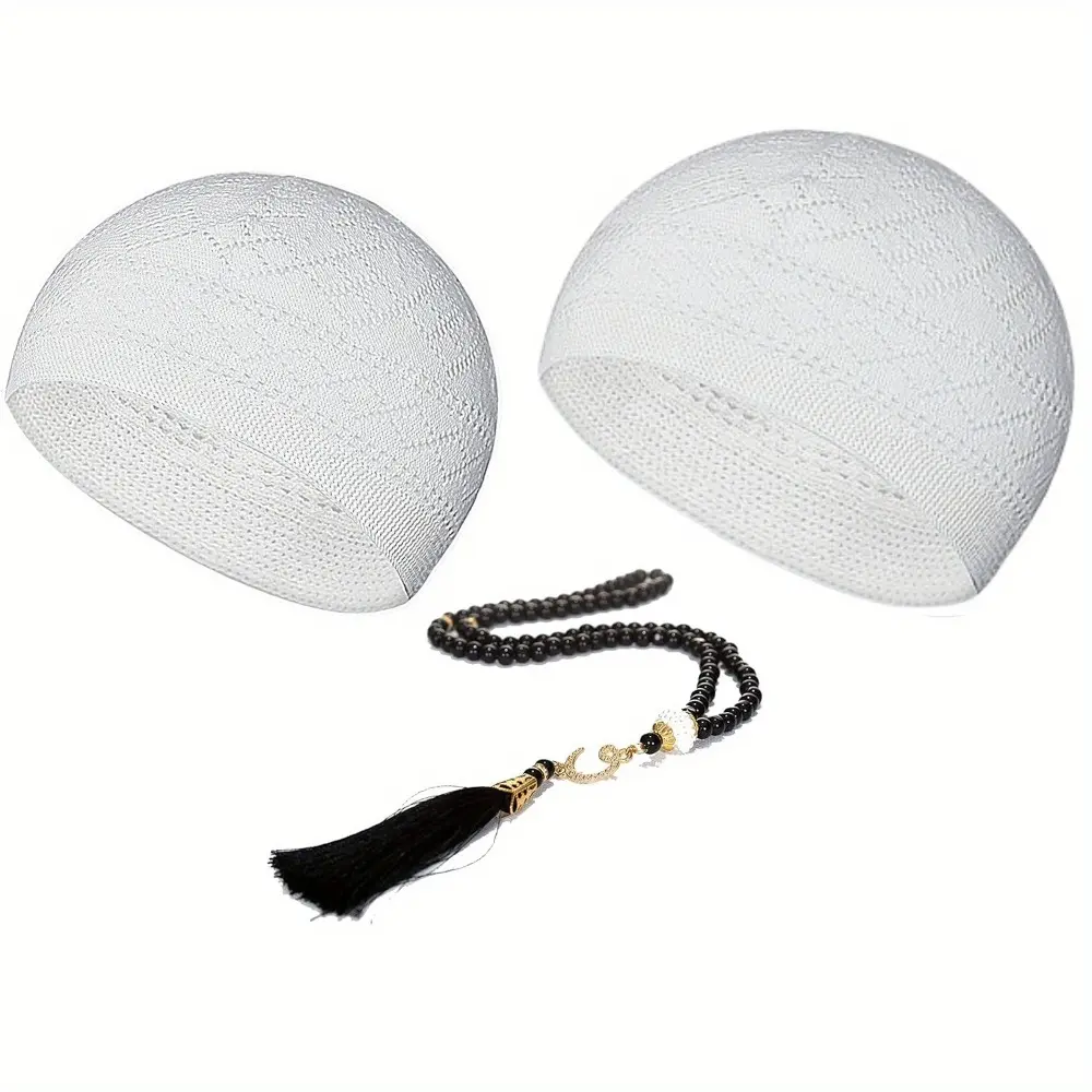 3pcs Men'S Prayer Supplies Set Solid Color Muslim Hook Hat Muslim Prayer Bead Bracelet High-End Crochet Hat Thin Breathable Hat Suitable for Daily Wear Theme Event Matching National Style Gift for Women
