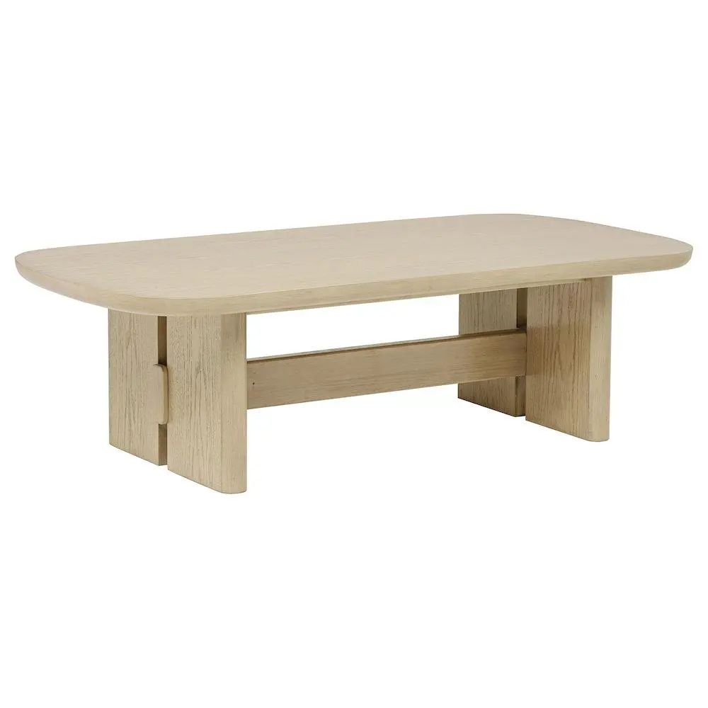 Kailani Coastal Rectangular Coffee Table, Beige Oak Veneer, Solid Poplar Frame, Sculpted Base, Spacious Top - Indoor Furniture Table
