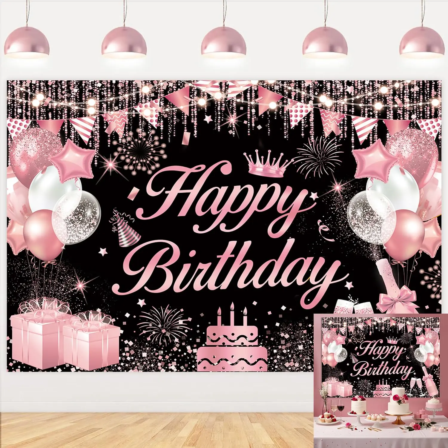 Rose Happy Birthday Backdrop Pink Golden Glitter Balloons Banner Background Women Party Decorations Supplies Photo Props (rose  6x4ft)