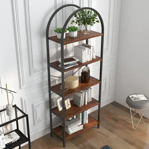Contemporary 5-Tier Arched Bookshelf – Tall Standing Bookcase – Large Open Wood Shelves with Sturdy Metal Frame – Versatile Storage for Office, Living Room, Bedroom – White/Gold