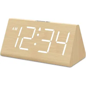 Wooden Digital Alarm Clocks for Bedrooms - Electric Desk Clock with Large Numbers, USB Port, Loud Alarm for Heavy Sleepers, Adjustable Volume, Dimmer, Snooze, DST, Wood Décor, Adapter Powered