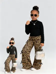 2 Piece Girls Fashion Streetwear Set, Long Sleeve Knit Top with Leopard Print Wide Leg Pants, Casual Age Appropriate for 8-12y, Perfect Birthday Gift, Casual Outfit Set