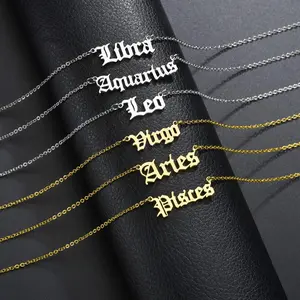 Stainless Steel 12 Zodiac Old English, Nameplate Pendant Necklace