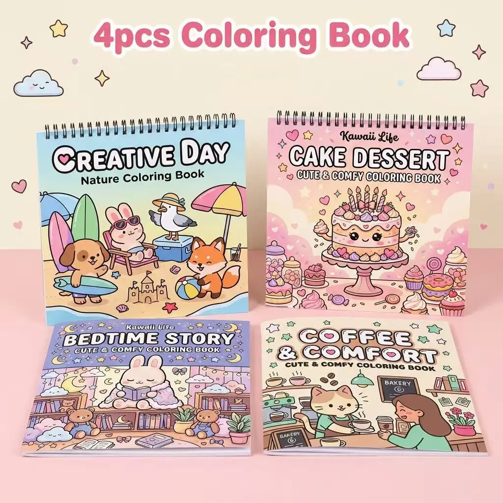 Kawaii Coloring Book - 4pcs Stress Relief & Relaxation, Cake Dessert, Coffee Comfort, Bedtime Story, Creative Themes, Clear Lines & Vibrant Illustrations, Fun Activity for Teens, Adults, Ideal For Stress Relief, Perfect Gift for Birthdays, Holidays