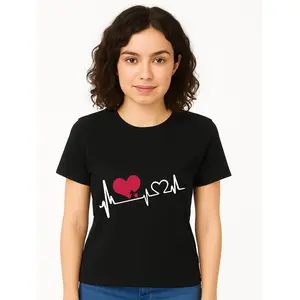 Heartbeat Love T-Shirt Black Casual Wear Personalized Unisex Women's Top All Season Comfortable Breathable Short Sleeve Tee Suitable For Any Outfit Made In Usa