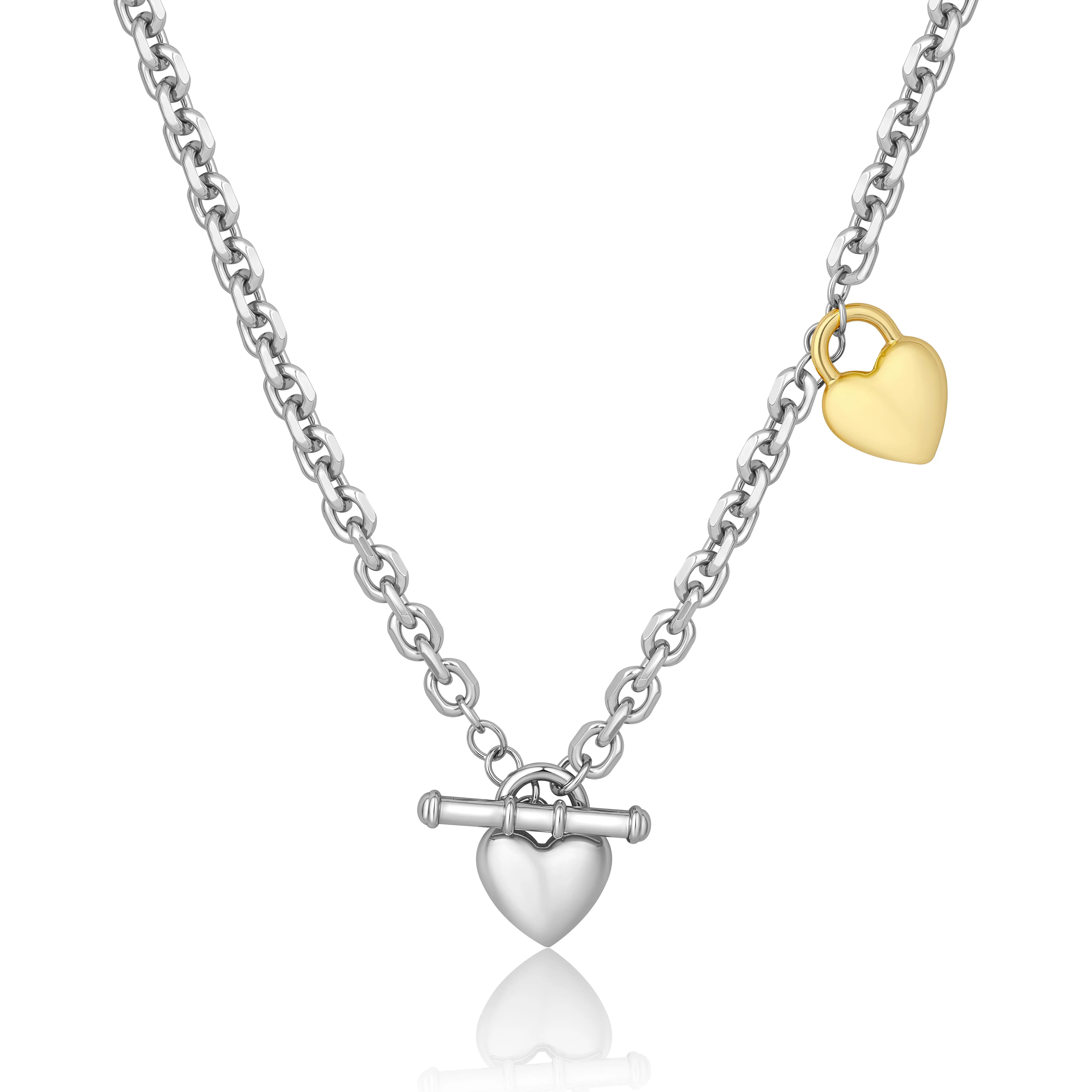 Aprilery Two-Tone Heart Charm Necklace for Women, Stylish Mixed Metal Curb Chain with Dual Heart Pendants, Unique OT Toggle Clasp Design, Fashion Chunky Link Statement Jewelry for Daily Wear and Anniversary Gift