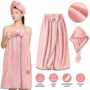 Microfiber Hair & Body Towel Wrap for Women, Adjustable Quick Dry Bath Robe with Hair Turban, Super Absorbent Lightweight Cover Up for Gym, Spa, Sauna, Shower, Pink