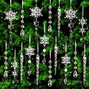 18Pcs Crystal Christmas Tree Ornaments, Hanging Acrylic Snowflake Icicle Ornaments with Drop Pendants for Winter Holiday Decorations Yzoe Gzroe