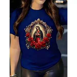 100% pure cotton,multiple colors available, fashionable new design with the Virgin Mary praying for me pattern print among roses, new women's printed round neck short sleeve casual T-shirt, suitable for spring, summer, and autumn, gift for sisters or wife