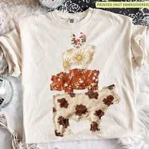 Comfort Colors Western Cow Faux Patchwork (Print not Embroidered) T-Shirt, Vintage Farm Animal Tee, Hen Pig Lamb Retro Shirt, Country Western Graphic Tee