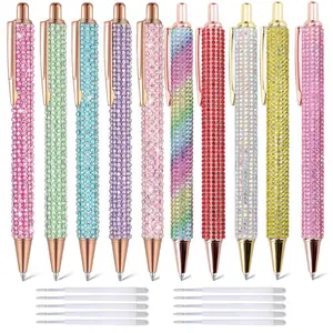 10pcs Fancy Glitter Cute Rhinestone Metal Retractable Ballpoint Pens with 10pcs 1.0mm Refills, Desk Accessories for Girl Students& Gifts