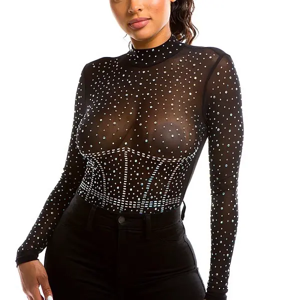 Women's Elegant Sheer Mesh Blouse, Long Sleeve Black Body Top with All-Over Sparkle Rhinestone Embellishments, Shirts, Style, Lady, Fabric, Women's Clothes, Sparkle Detail, Transparent, Glamorous, Sleek, Chic, Sequins, Longsleeves, Rhinestones, Transparen