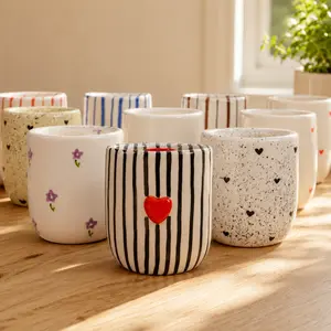 Handmade Ceramic Coffee Mug Cup with Sip Hole Cute Striped Design 10 oz Perfect for Travel Microwavable and Dishwasher Safe Ideal Gifts for Coffee Lovers