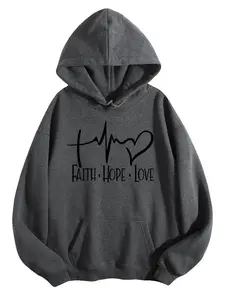 Women's Casual Solid Color Hoodie with Faith Hope Love Print Mid Elasticity Knit Fabric Front Pocket All Season Pullover