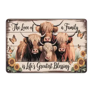 Highland Cow Family Love Farm Animals Tin Sign，Vintage Highland Cattle Metal Sign Print Aesthetic Room Decoration for Home Bedroom Kitchen Bar Dorm Bathroom Wall Decor 8 X 12 Inch