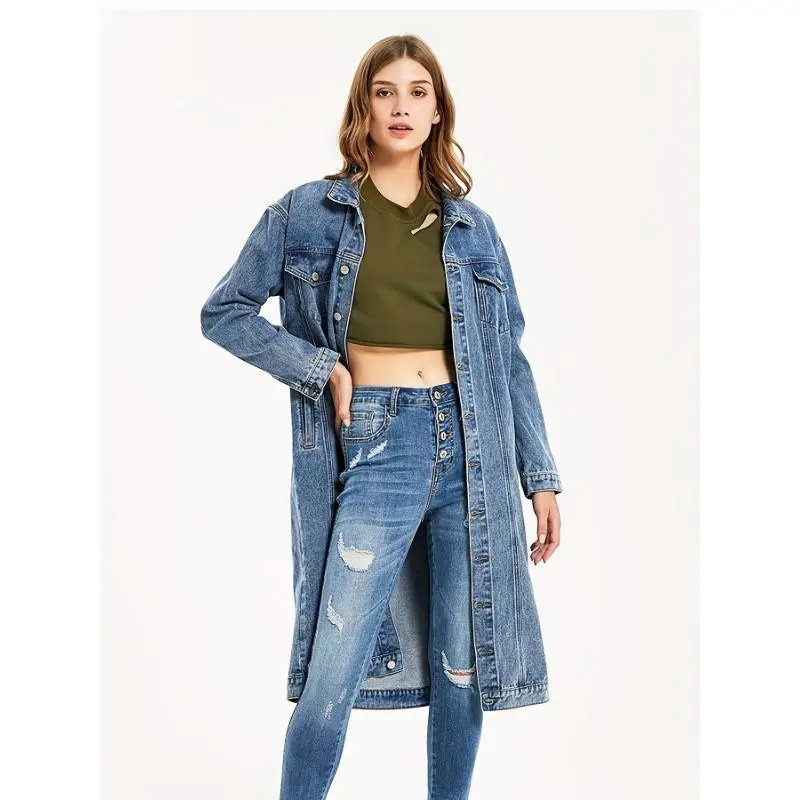 Light Blue Long Denim Jacket for Women - Slim Fit, Sleeve Zip Jumper, Large Size, Retro Style, Comfortable for Autumn and Winter Use