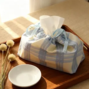 Blue Plaid Paper Towel Dispenser, Canvas Material, Drawstring Design, Multi-Functional Home Storage Bag, Unisex, Perfect Gift