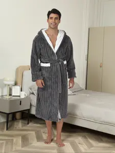 Men's Casual Flannel Hooded Bathrobe, Long Sleeve Warm Sleepwear with Drawstring, Colorblock Design, Fall & Winter Home Wear