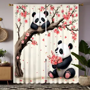 2pcs Cute Panda & Cherry Blossom Print Curtains, Window Curtain - Rod Pocket, Semi-Transparent, Machine Washable Polyester for Living Room or Bedroom Decor, White Background with Pink Flowers, Light Filtering Drapes