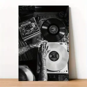 1pc Canvas Poster - Tattooed Arm Is Operating a Vinyl Record on a Record Player- Ideal Gift for Bedroom Living Room Corridor, Wall Art, Wall Decoration, Winter Decoration, Room Decoration