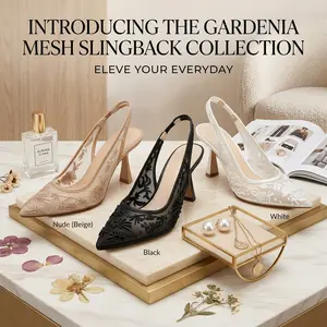 Women's Elegant Mesh Slingback Heel Footwear - Pointed Toe, Beaded Floral Pumps, Sheer Evening, Bridal Wedding Shoes