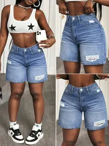 Women's Plus Size Loose Comfortable Denim Shorts, Ripped Design, Breathable Summer Wear, Elegant Fitted Style, Zipper Fly Closure