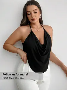 Firerie Plus Size Comfortable Elegant Delicate Draped Neck Black Halter Top For Women