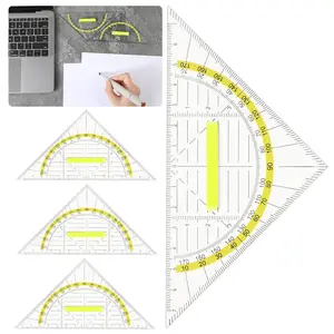 4 count Multifunctional Triangle Ruler with Handle, Plastic Triangle Ruler Protractor Geometry Set Transparent Set Square Drafting Ruler for Architectors Designers Engineers Drawing Tools