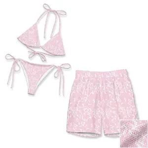 Matching Couples Swimwear: Women Pink Floral String Bikini & Men's Breathable Mesh Shorts Set - Honeymoon Vacation Beachwear