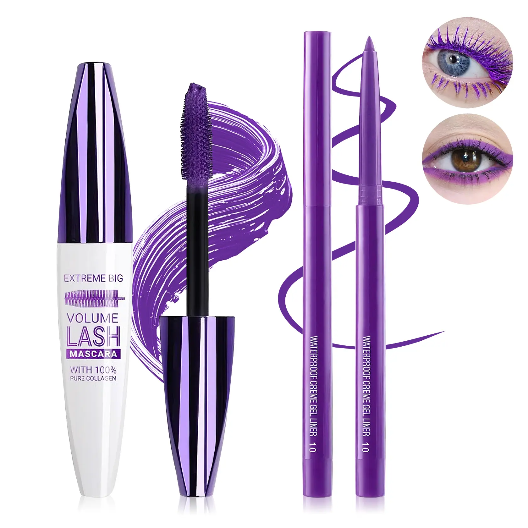 Purple Eye Kit for Bold Looks, 2-in-1 Waterproof Gel Eyeliner and Lash Mascara Makeup Set, Long-lasting Smudge-Proof Coloured Eye Makeup Duo