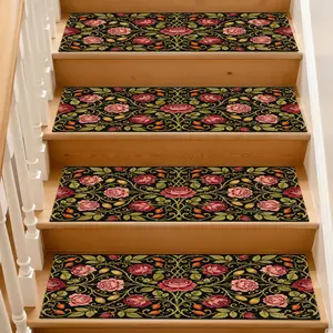 Deep Diatomaceous Earth Stair Mat, Rose Vine Pattern, Waterproof Anti-Slip, Quick-Dry, Washable, Safe for Pets, Kids, Elderly