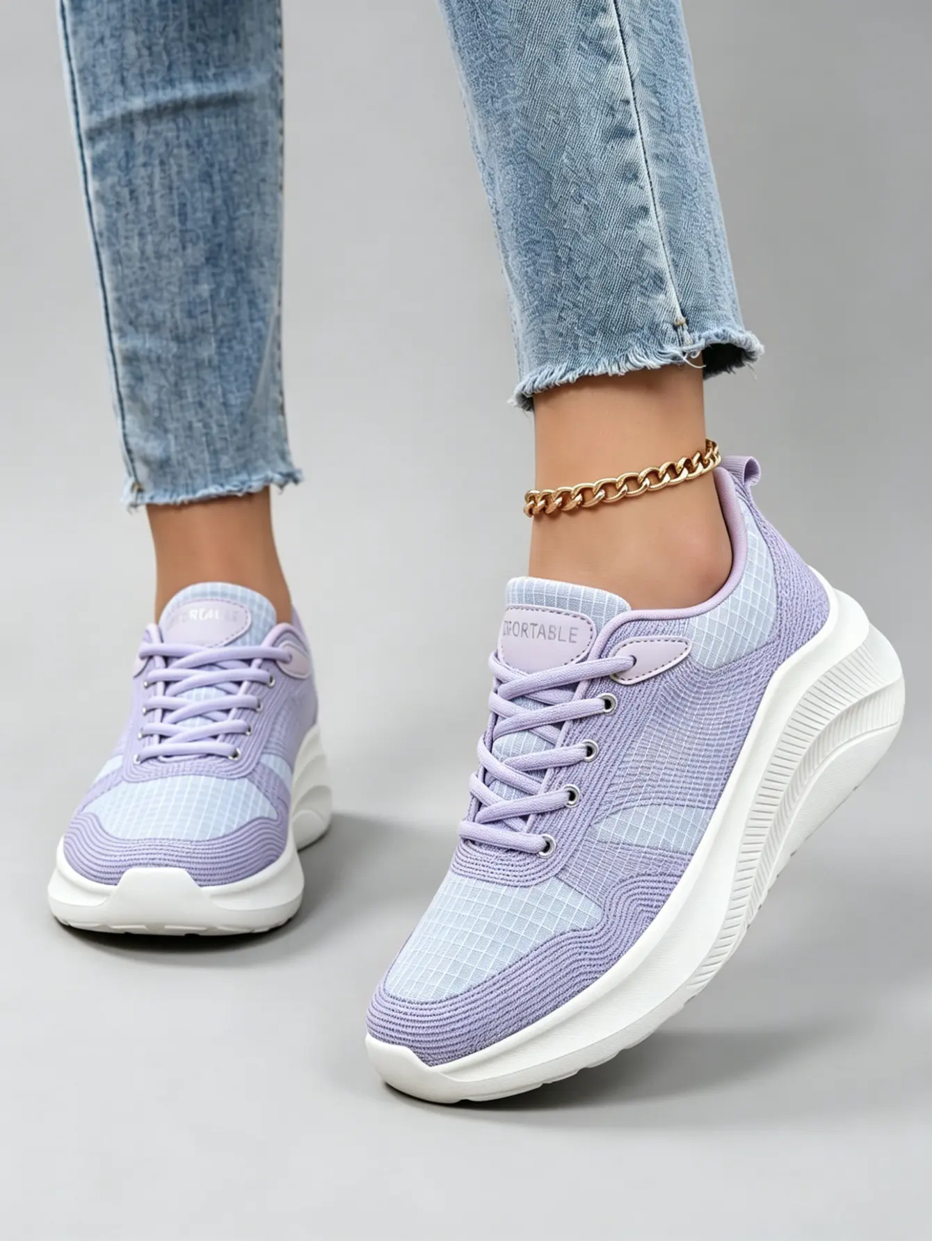 Women's Lavender Grid Knit Wedge Platform Ladies Sneakers - Lightweight, Cushioned, Breathable Walking Shoes for Gym & Casual Wear