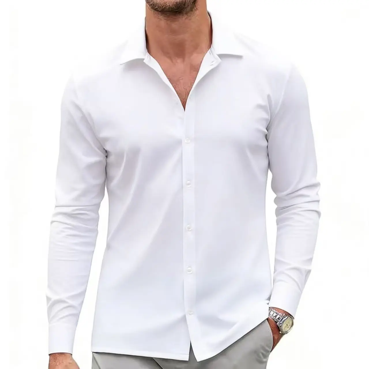 Men's Long Sleeve Plain Business Casual Shirt - Menswear Business Wear, High-Quality Durable Stitching, Smooth Ice Silk Breathable Sweat-Resistant Fabric, Classic Black/White/Blue Everyday Workwear Top, Mens Clothing, Full Sleeves, Collared Lapel, Casual,