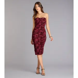 Velvet Bloom Flocked Floral Strapless Midi Dress