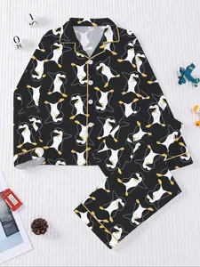 Boys' Pajama Set, Cartoon Penguin Print Sleepwear, Long Sleeve Button-Front Shirt & Loose Fit Pants, Casual Home Wear for Boys, Pajama Lounge Sets