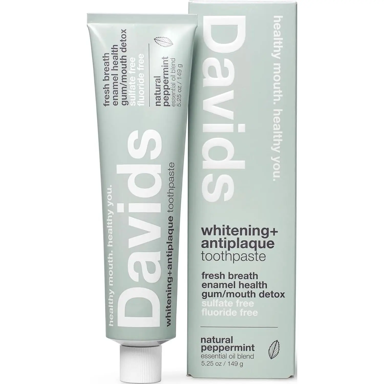 Davids Fluoride Free Toothpaste Teeth Whitening SLS Free Peppermint 5.25oz | Antiplaque Protection, Promotes Enamel Health, Supports Mouth & Gum Detox, EWG Verified, Peppermint Toothpaste