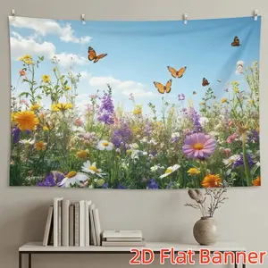 1PC,2D Flat Customize Backdrop Spring Flower Field & Butterfly Decorative Backdrop, Festive Atmosphere Wall Hanging, Romantic Natural Style Tapestry for Bedroom Living Room, Ideal for Holiday Decorat