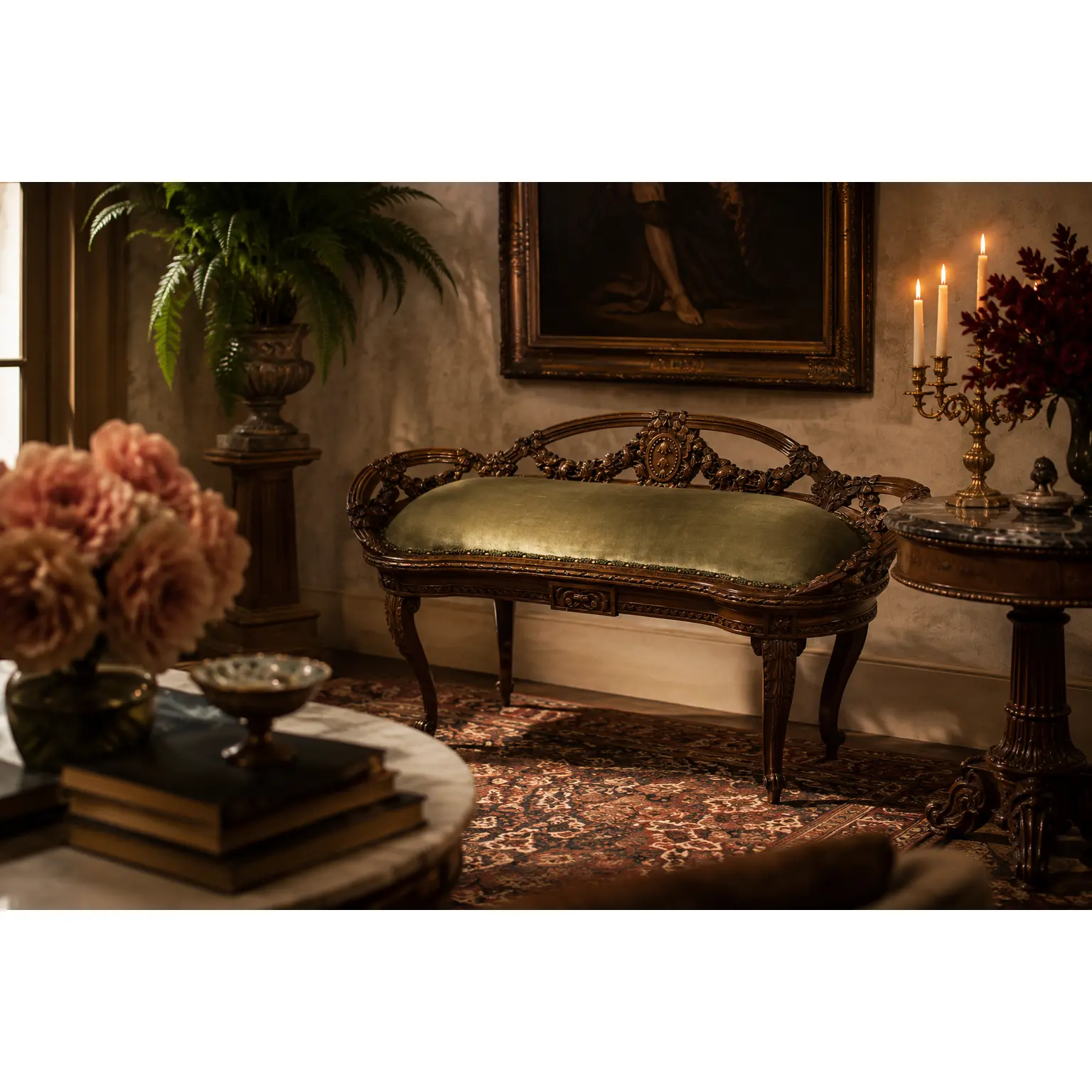 Antique French Louis XVI Style Carved Walnut Window Bench