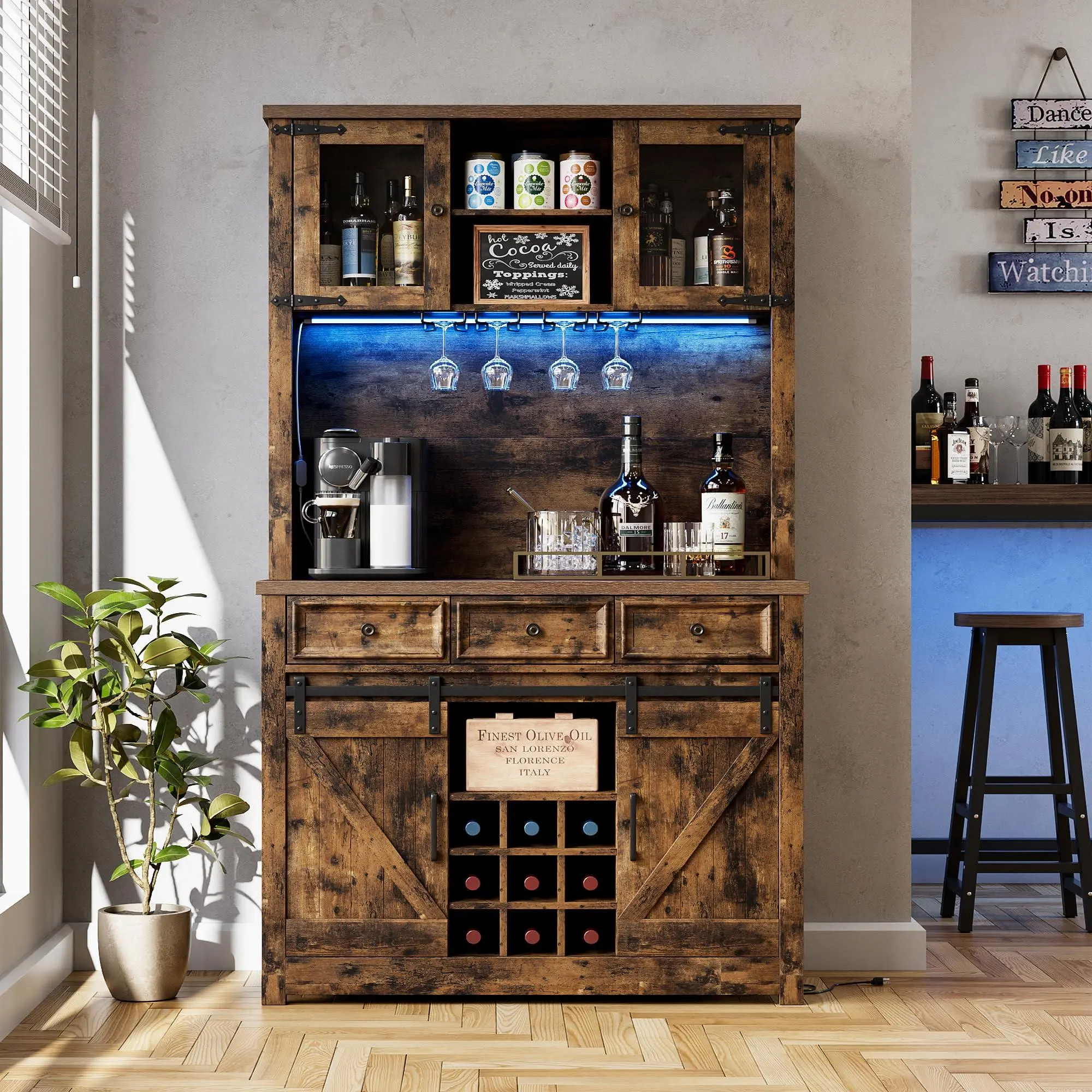 72" Modern Farmhouse Coffee Bar Cabinet with LED Lights & Power Outlets, Sliding Barn Doors, Rustic Brown Kitchen Buffet with Wine Storage, Ample Storage for Home Bar, Microwave