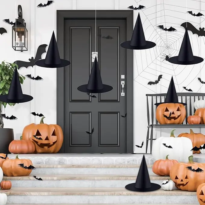 6 PCS Halloween Black Witch Hats Decoration Hanging Witch Wizard Hats Bulk with 3D Bats Wall Stickers for Halloween Party Costume Accessory Indoor Outdoor Yard Porch Decor
