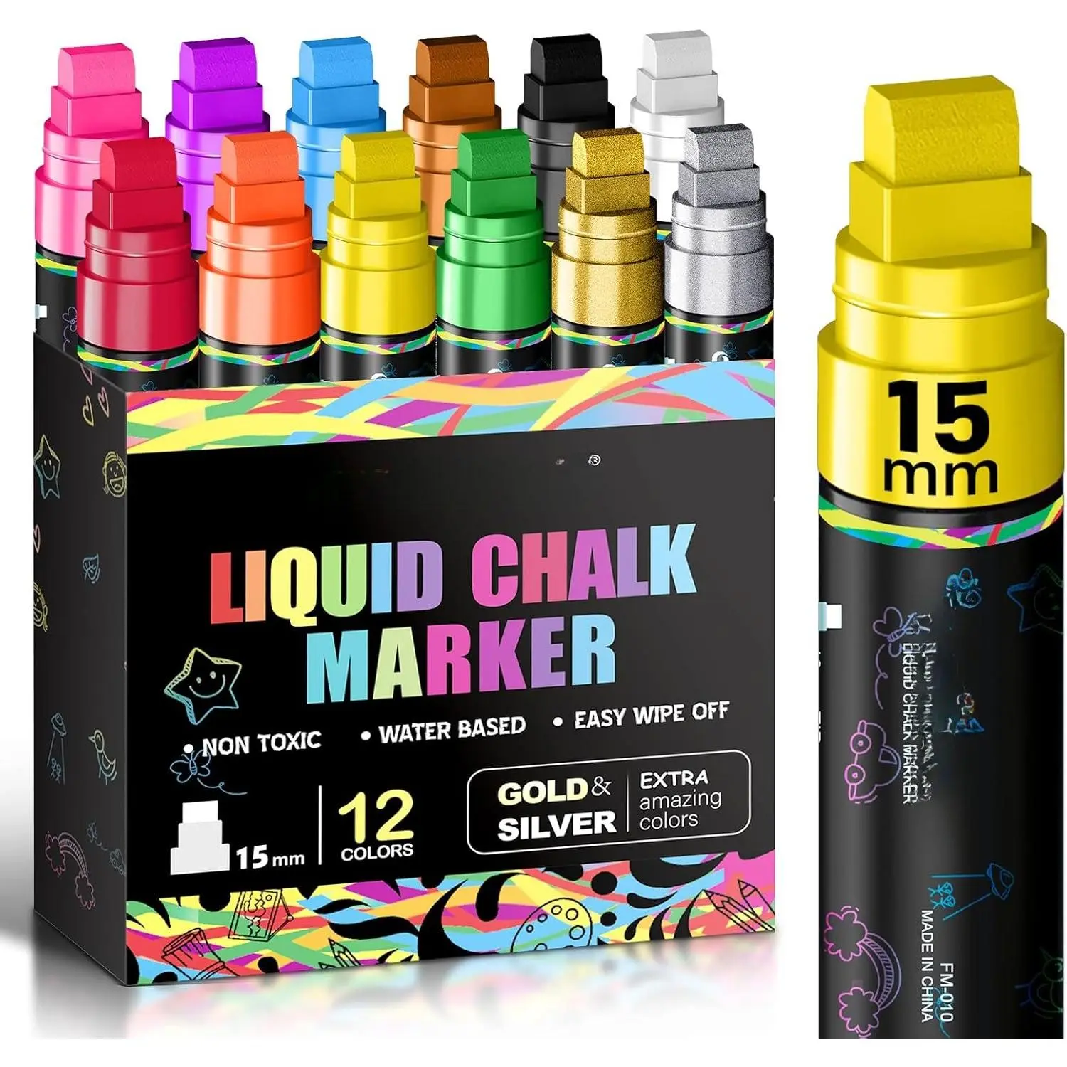 15mm Window Markers,  Chalk Markers for Blackboard Erasable,Washable  Marker for Auto,Chalkboard,Glass,Mirrow,Calendar,12 Colors   Pens With Metallic Colors(3-in-1 Thick Tip)