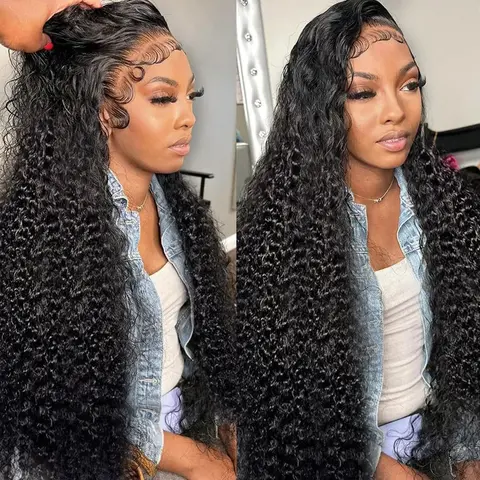 Bling Hair Female 32" Kinky Curly Human Hair Wig, Pre-Plucked Lace Front Wigs, 13x4-13x6 HD Transparent Lace Frontal Wig, 180% Density Natural Black sohochic
