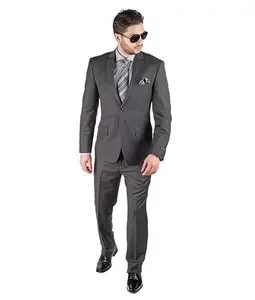 Slim Fit Men's Solid Charcoal Gray Suit 2 Button Notch Lapel Non Pleated Pants Double Vents AZARMAN