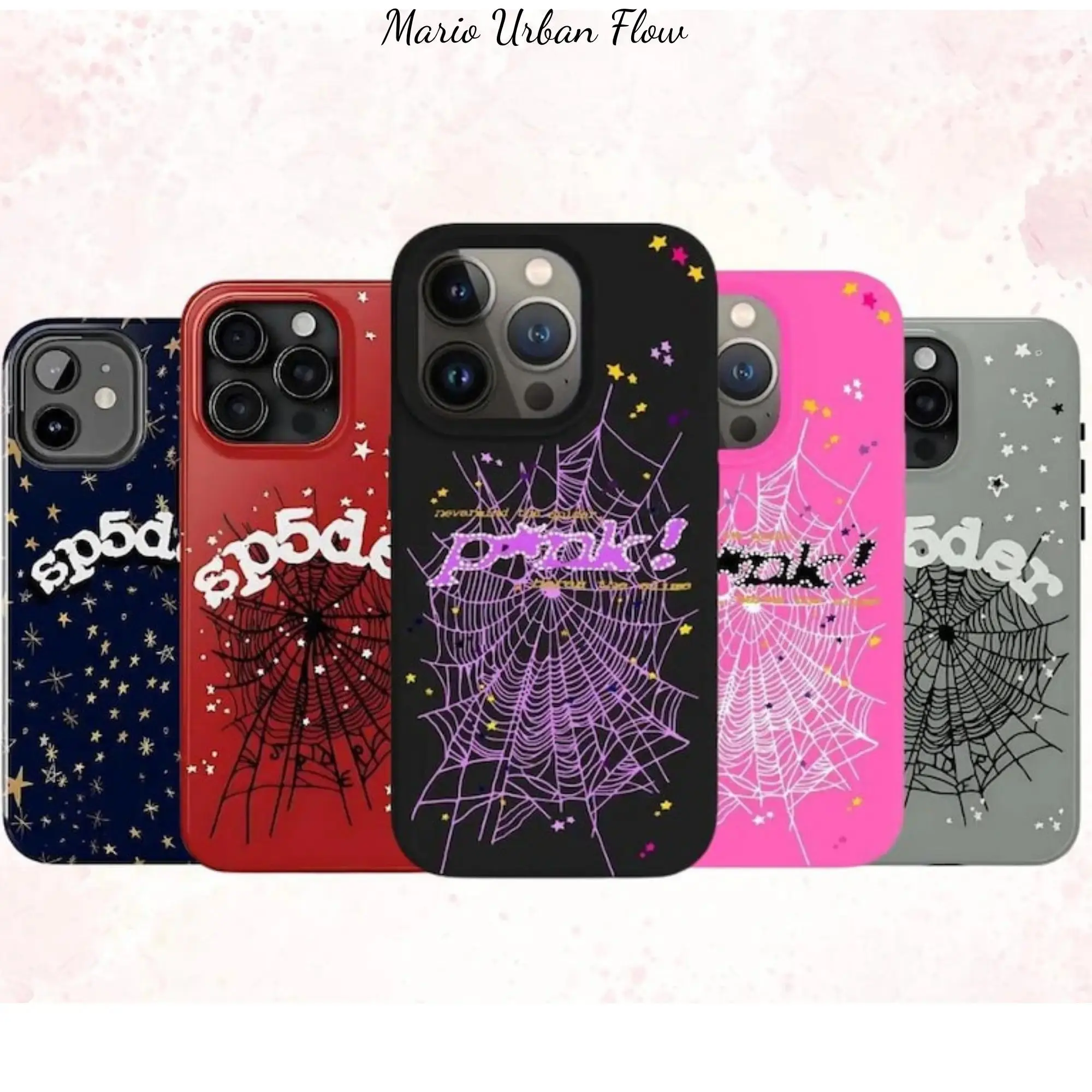Punk Style Sp5der 555 Shockproof Plastic Smartphone Shell, Streetwear Aesthetic Tough Cellphone Cover, Wireless Protection Accessory for iPhone 11-16 Devices, Includes Free 5pcs Stickers