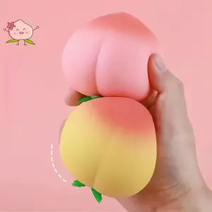 A peach-shaped squeeze toy that relieves stress; soft to the touch and slowly bounces back.