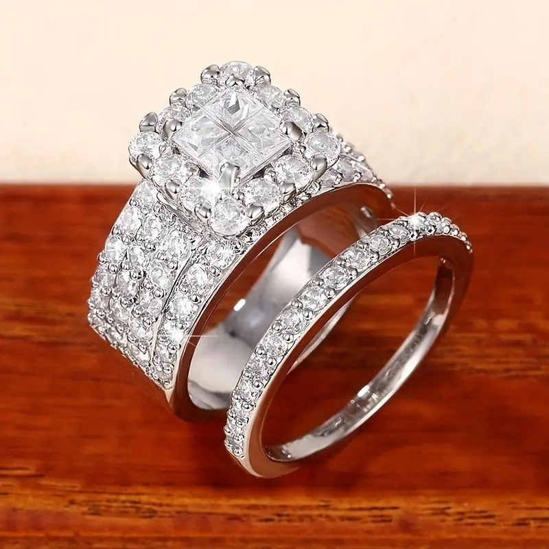 Paved Cubic Zirconia Stacking Ring for Women, Elegant Silver Plated Glittering Band for Engagement and Wedding Parties, Cubic Zirconia Rings, Elegant Glittering Ring